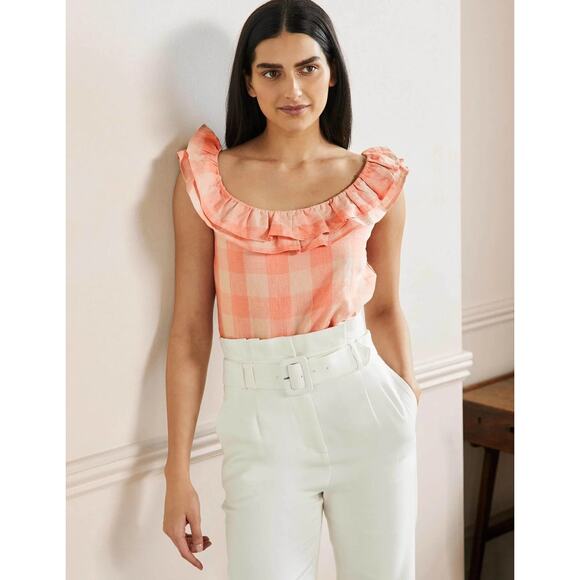 Boden Sleeveless Ruffle Linen Top Tonal Pinks Gingham Size 6 - Picture 1 of 4